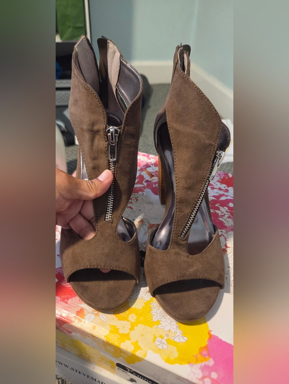 Carlos Santana Brown Suede Open-Toe Zip Heels